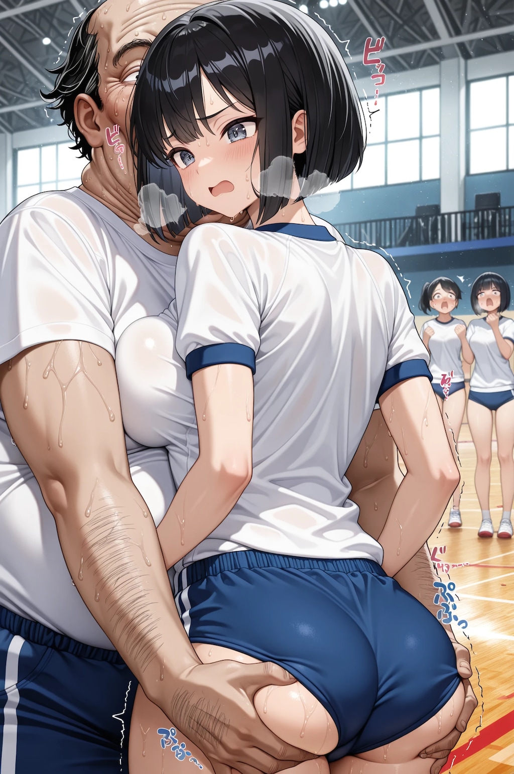 巨乳ブルマ女子をセクハラするおじさんイラスト②