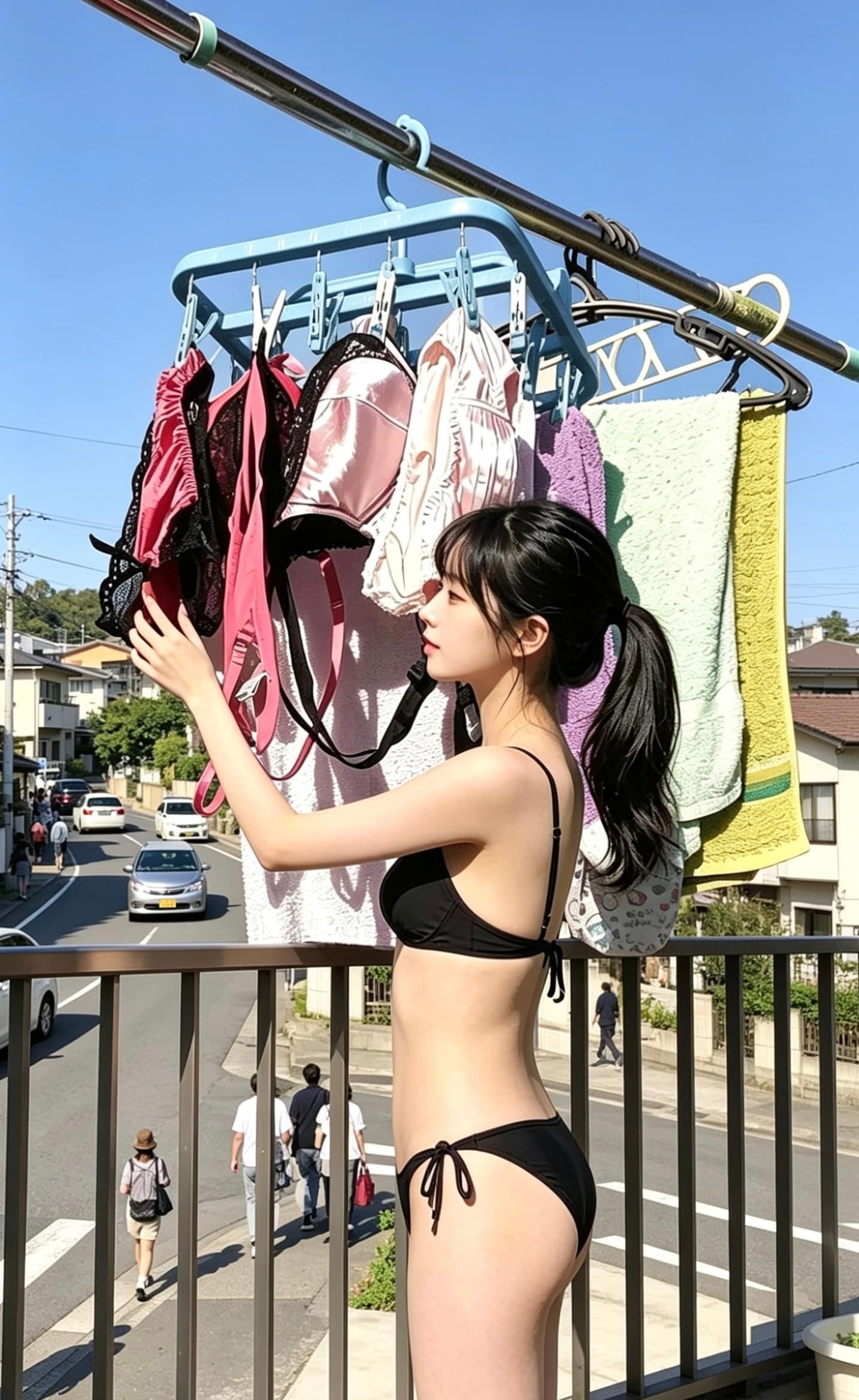 ベランダで洗濯物を干してるビキニお姉さん