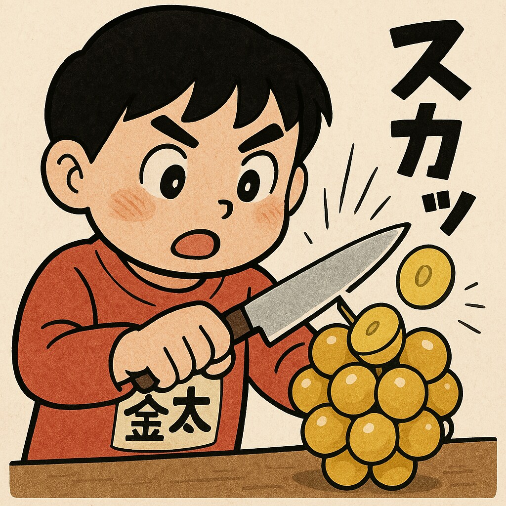 金色のマスカットをナイフで切る男の子