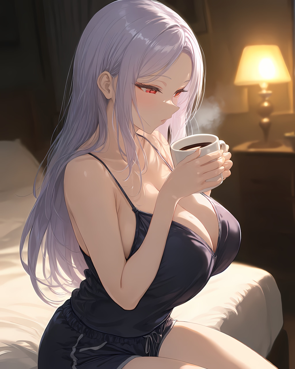 🌙夜のベッドサイドで温かいマグ♪シルクサテンでおやすみ前の時間☕