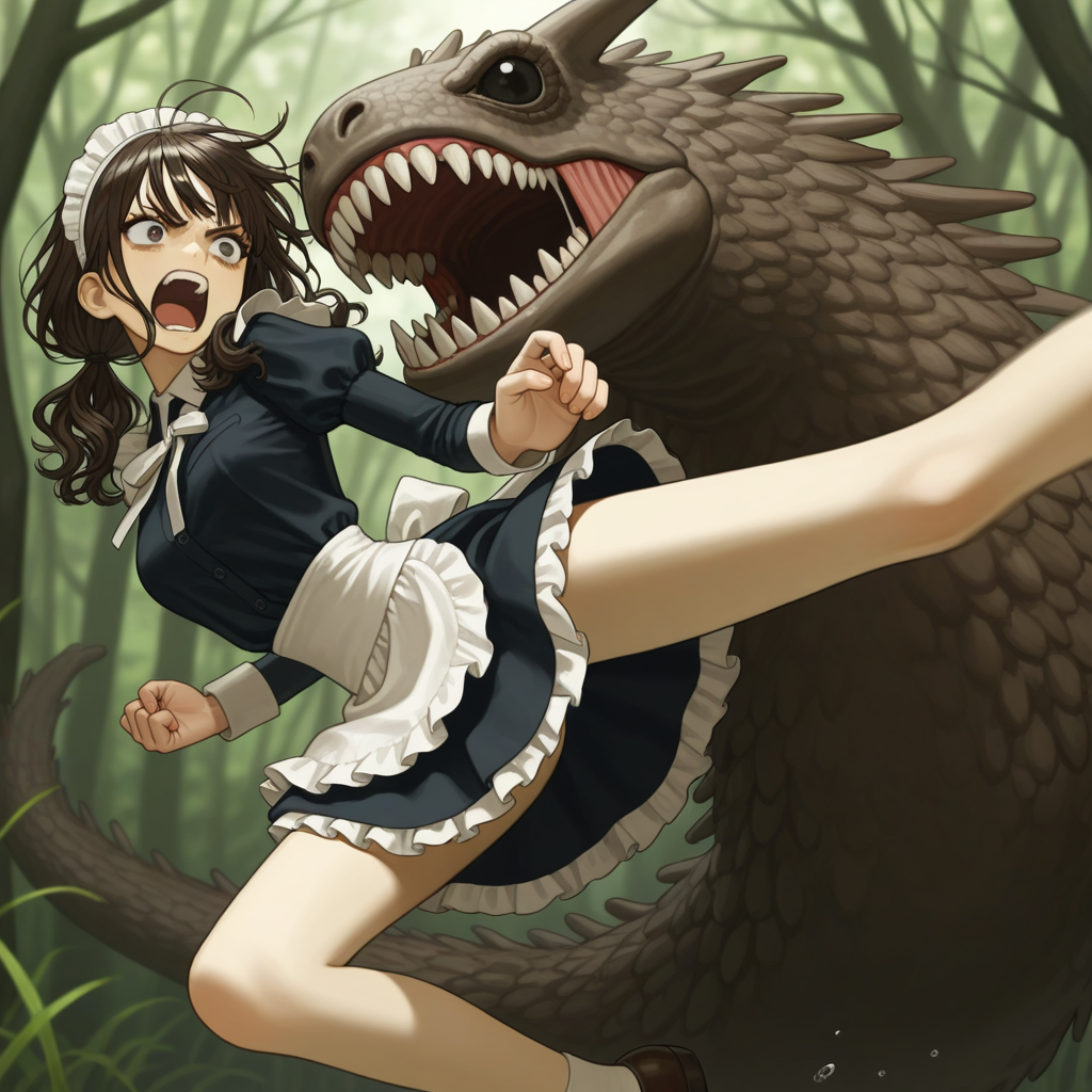 回し蹴りするメイドさん