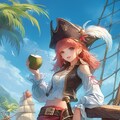 ココナッツ水を飲む海賊船の上に立っている女海賊 3枚目