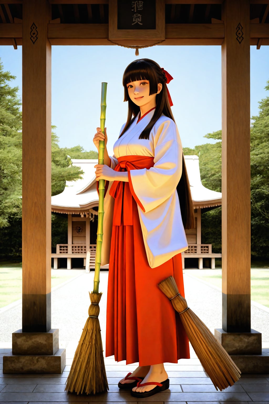 竹箒を持つ巫女