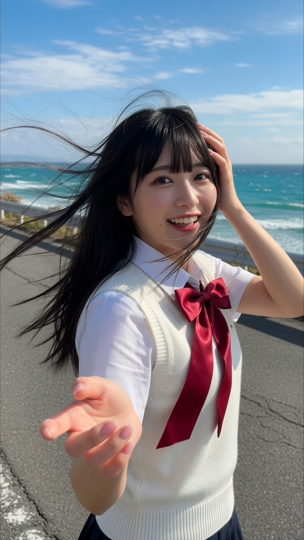 白いベストと真っ赤なリボン