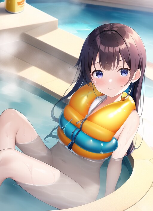 ライフジャケットを着て温泉に入る少女