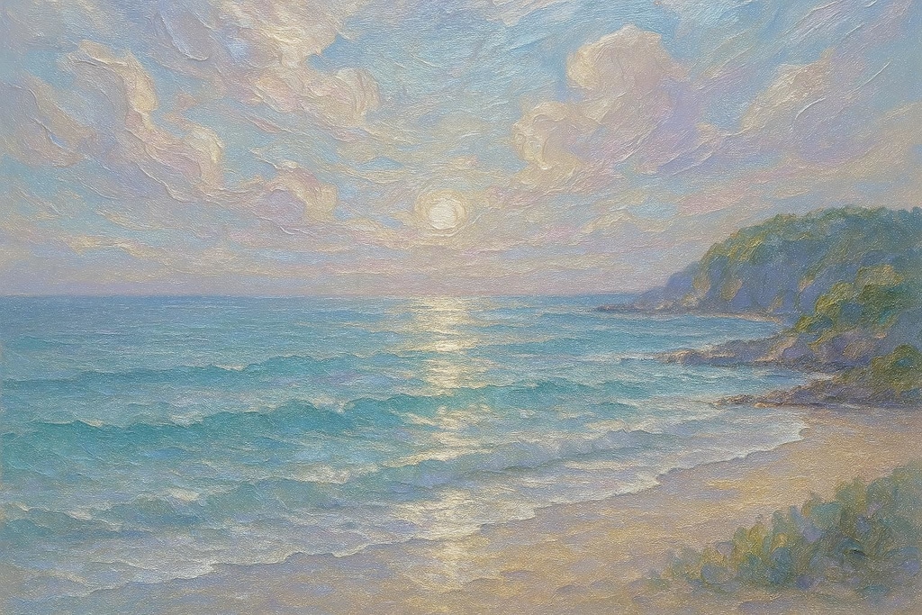 『パール顔料中心の風景画。海辺。』