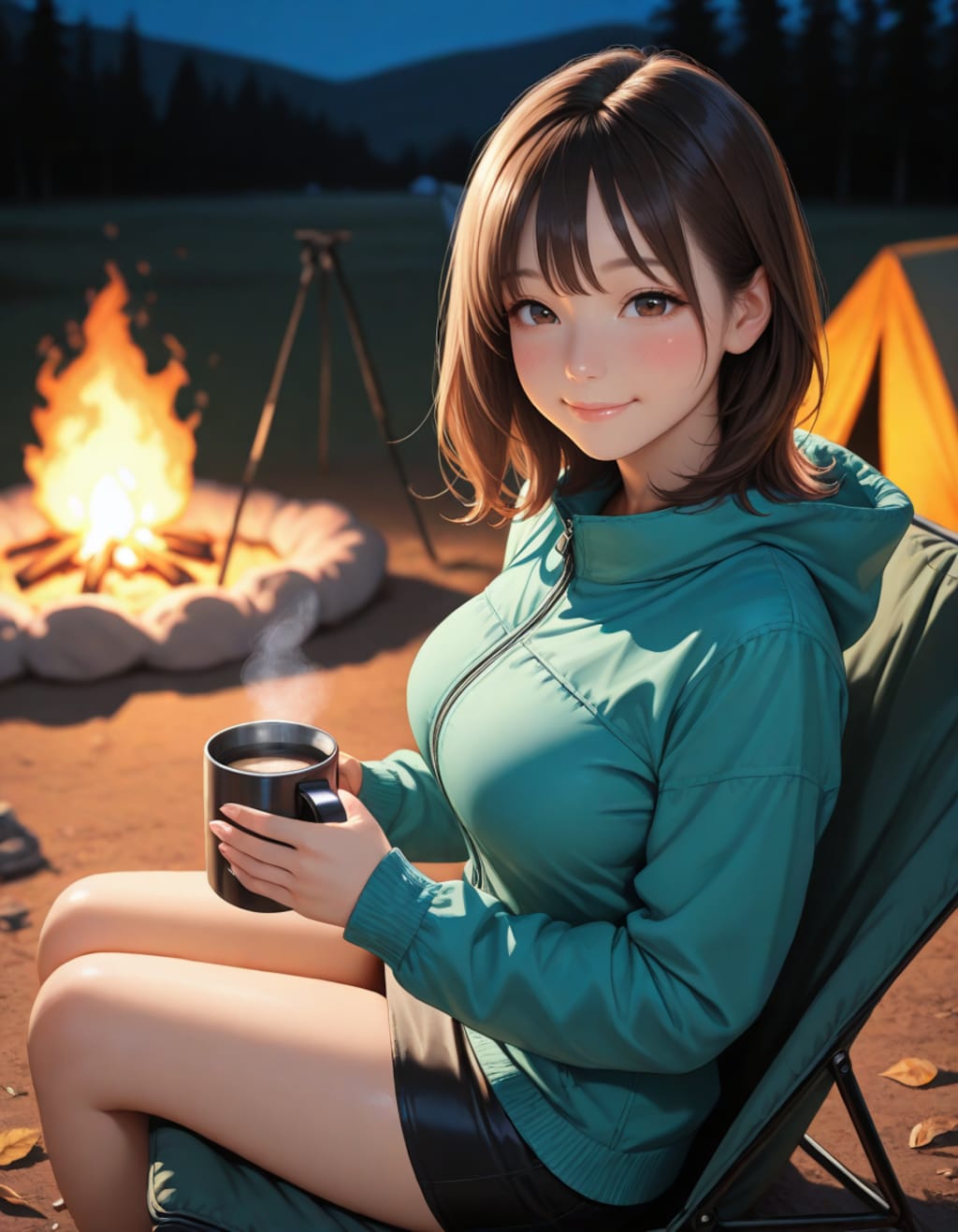 キャンプ場でコーヒーを飲む