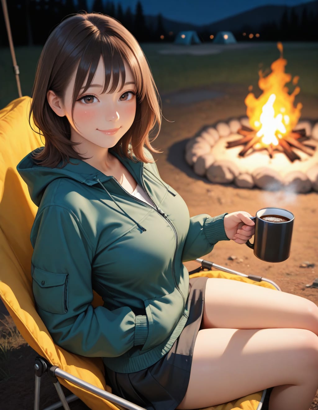 キャンプ場でコーヒーを飲む