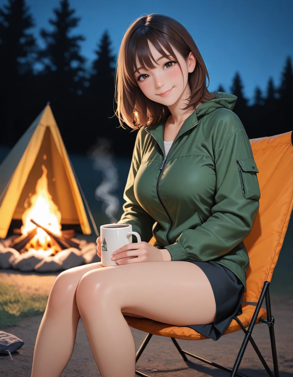 キャンプ場でコーヒーを飲む