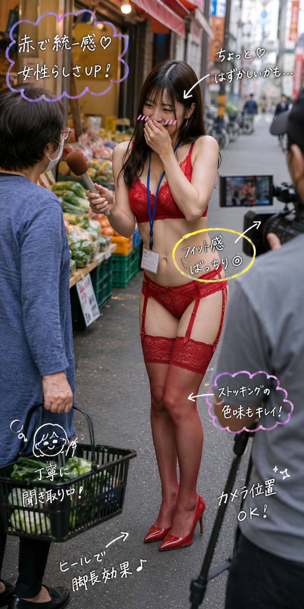 頑張って街角インタビューしようとするがやっぱり照れる下着の女子アナ