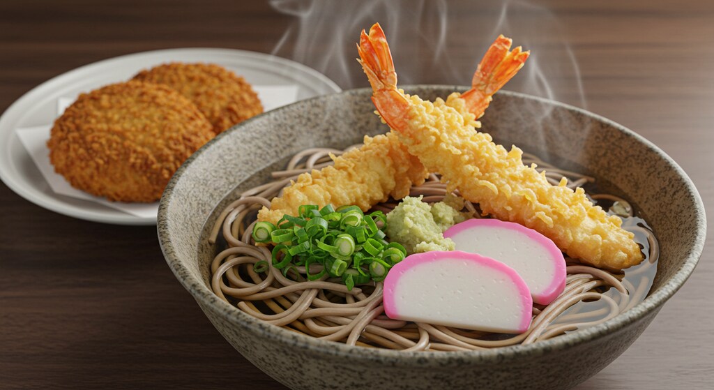 深夜食堂の天麩羅蕎麦とコロッケのセット