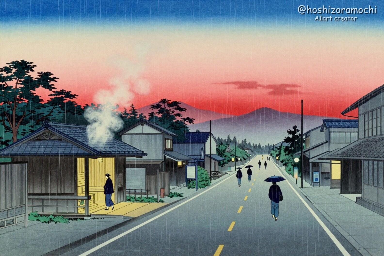 東海道五十三次・湯煙宿場 ー 広重の見た、旅情 | の人気AIイラスト・グラビア
