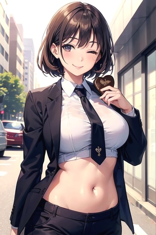 へそ出しスーツOLのバレンタイン