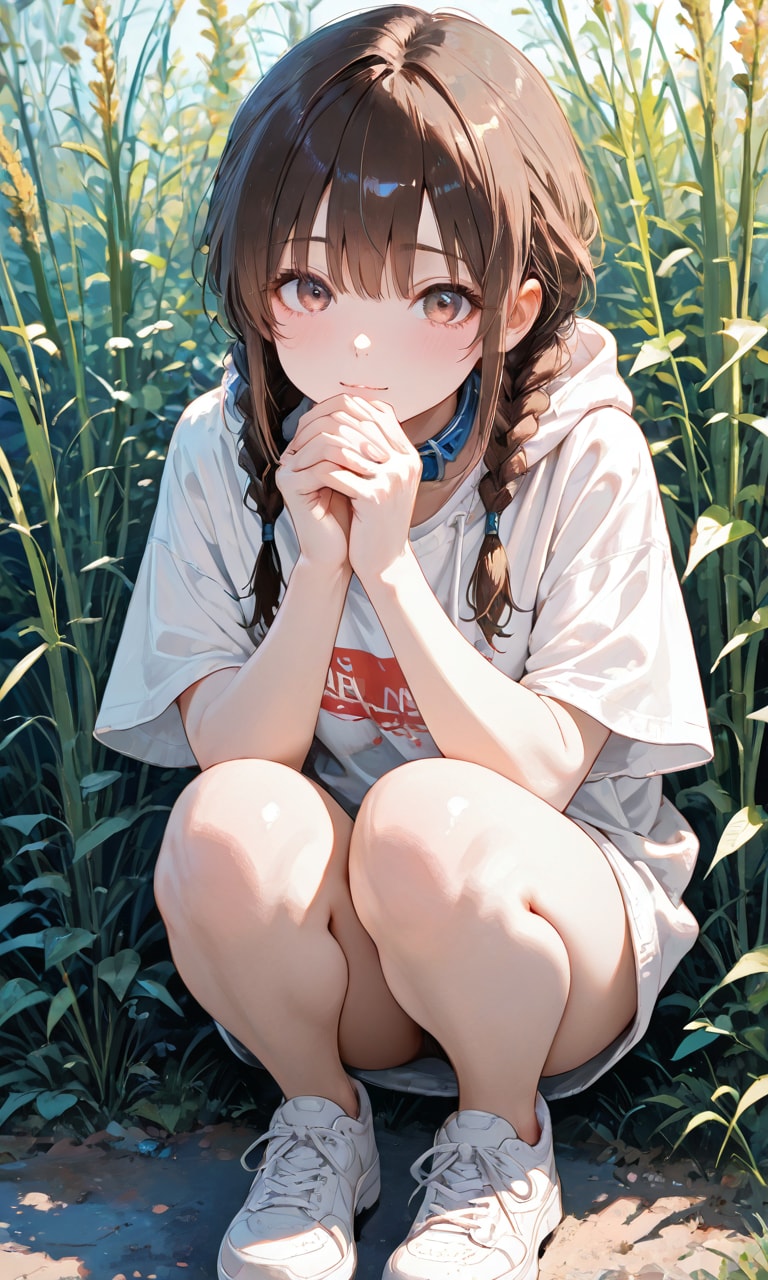 しゃがんでる三つ編みちゃん | の人気AIイラスト・グラビア