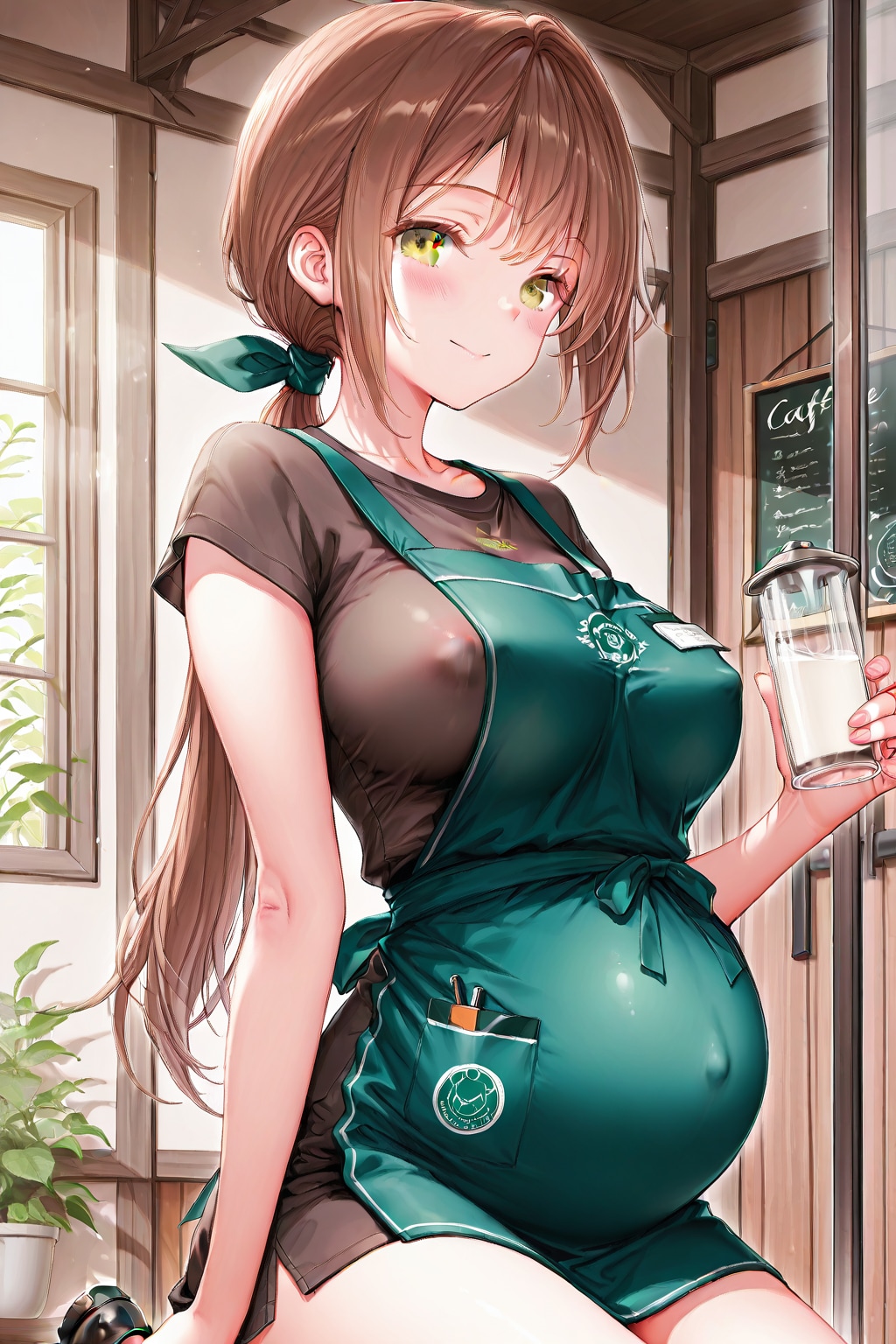 ミルクを提供する新婚のカフェ店員さん