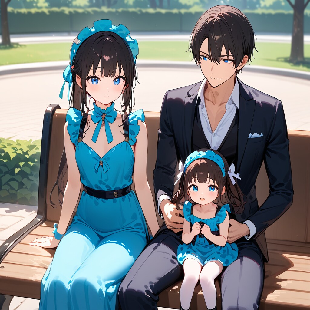 ベンチで休んでいる仲良し親子 | の人気AIイラスト・グラビア