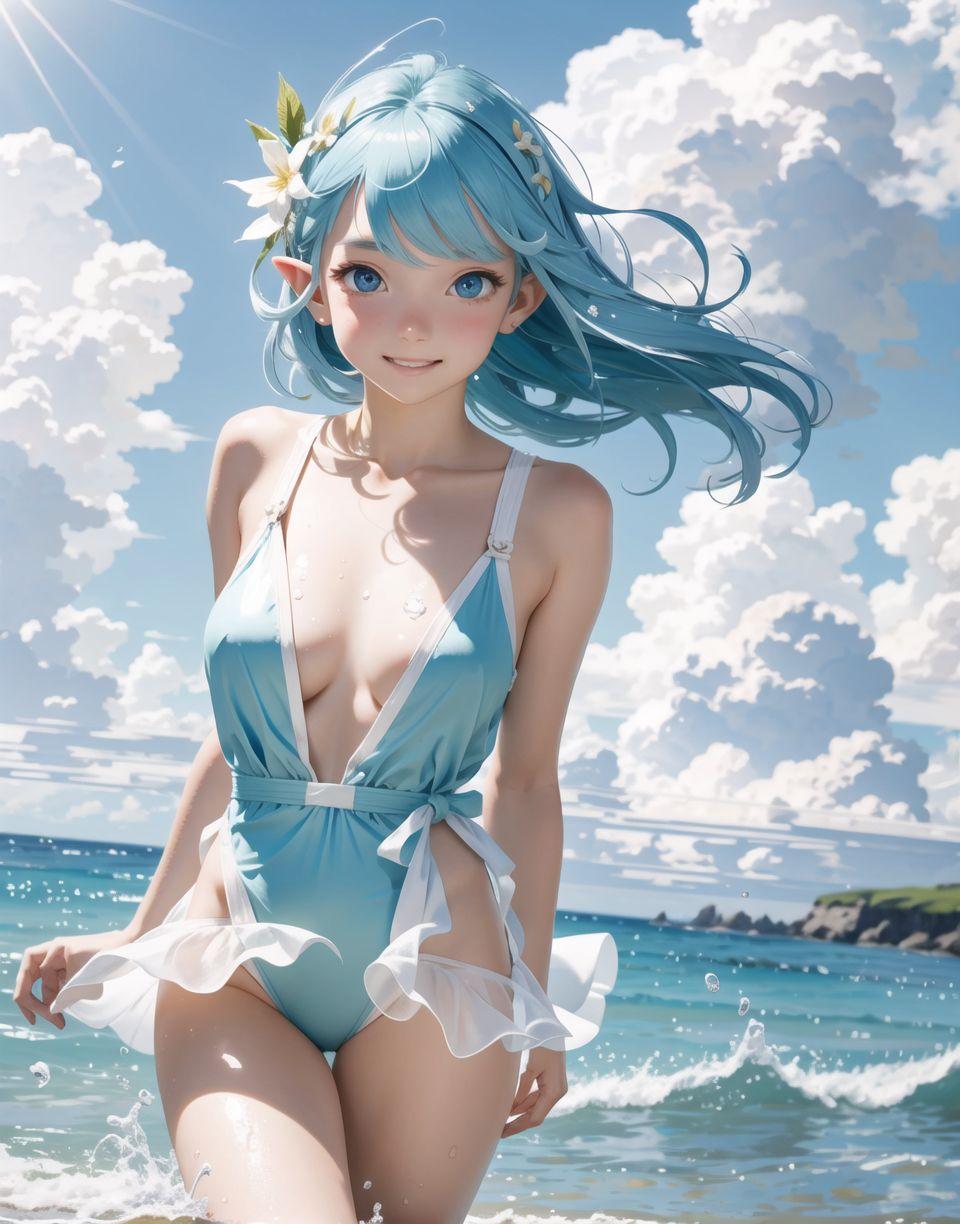 青髪水着のエルフ少女
