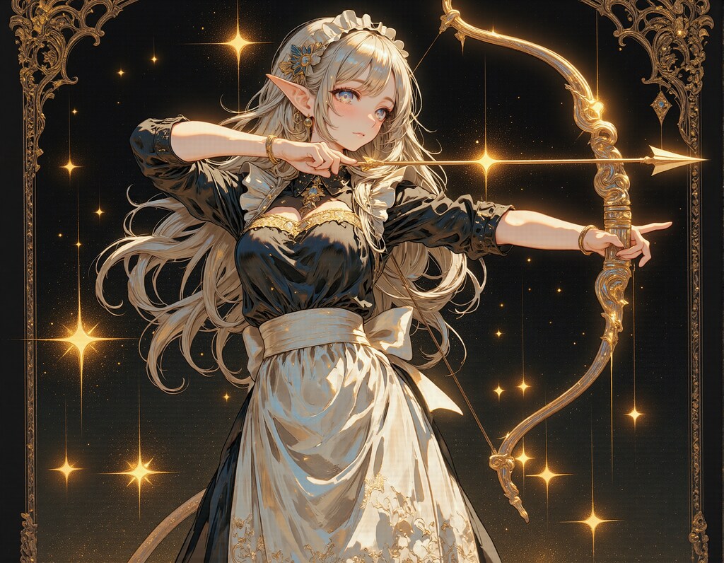 弓を構えるエルフのメイド