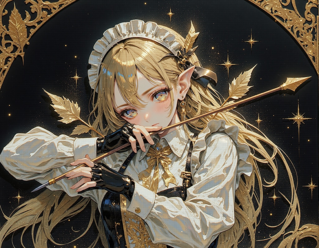 弓を構えるエルフのメイド