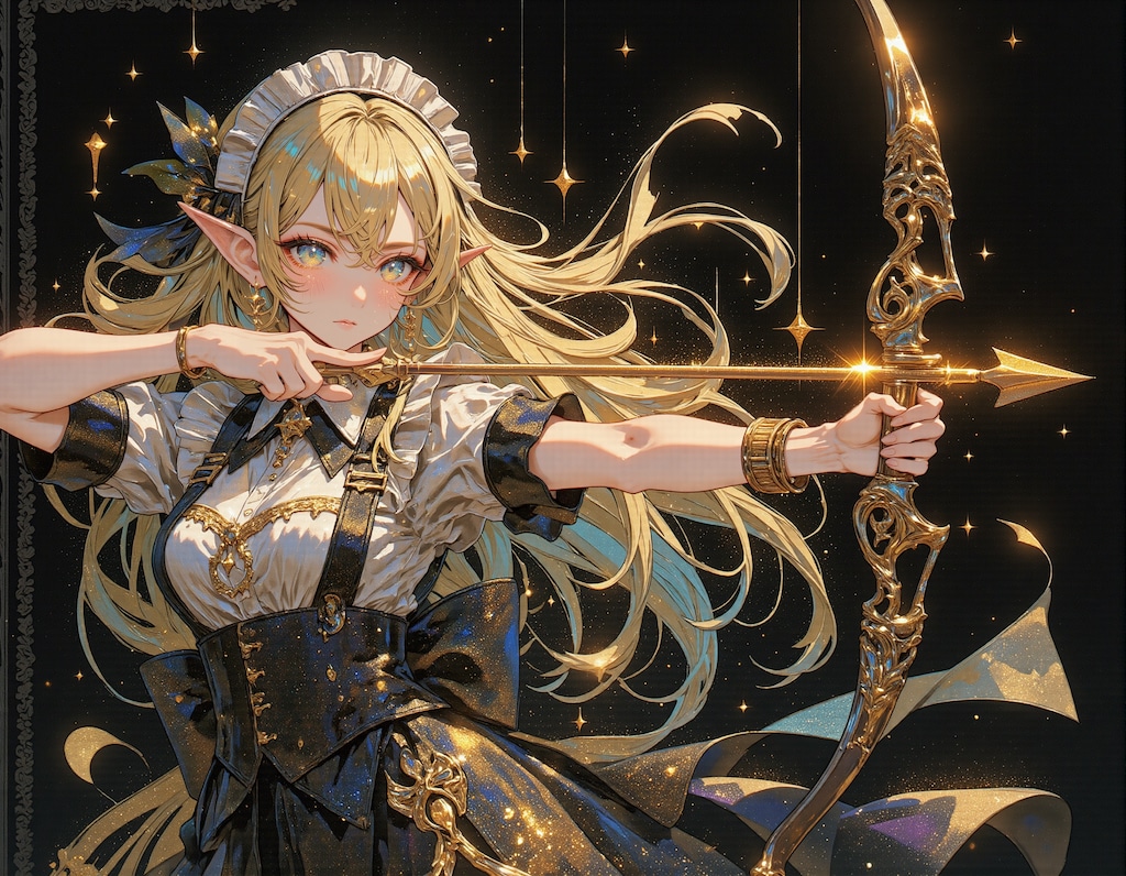 弓を構えるエルフのメイド