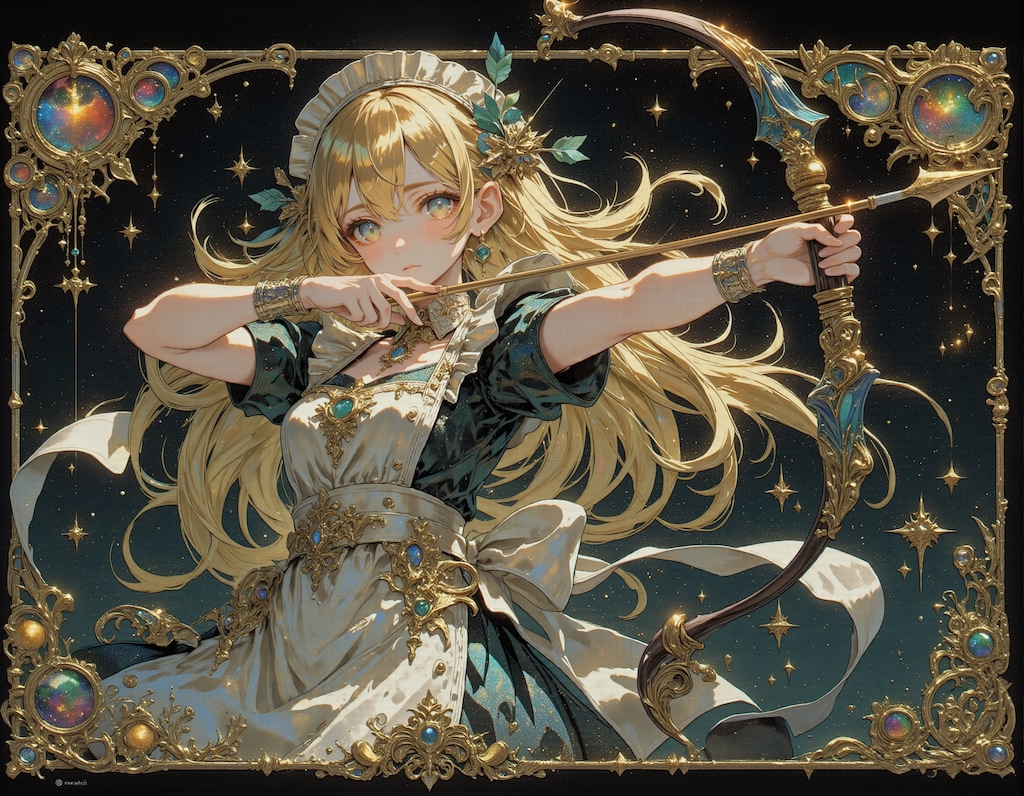 弓を構えるエルフのメイド