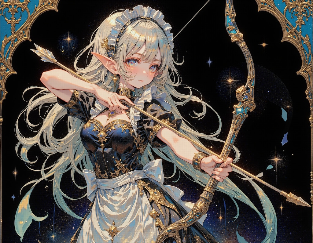 弓を構えるエルフのメイド