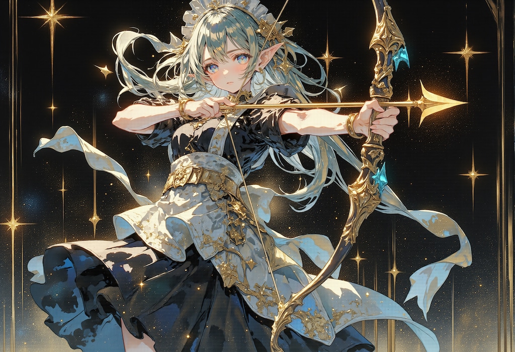 弓を構えるエルフのメイド