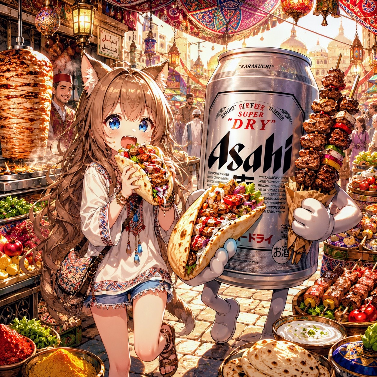 中東の街中でケバブサンドを食べる小さな女の子