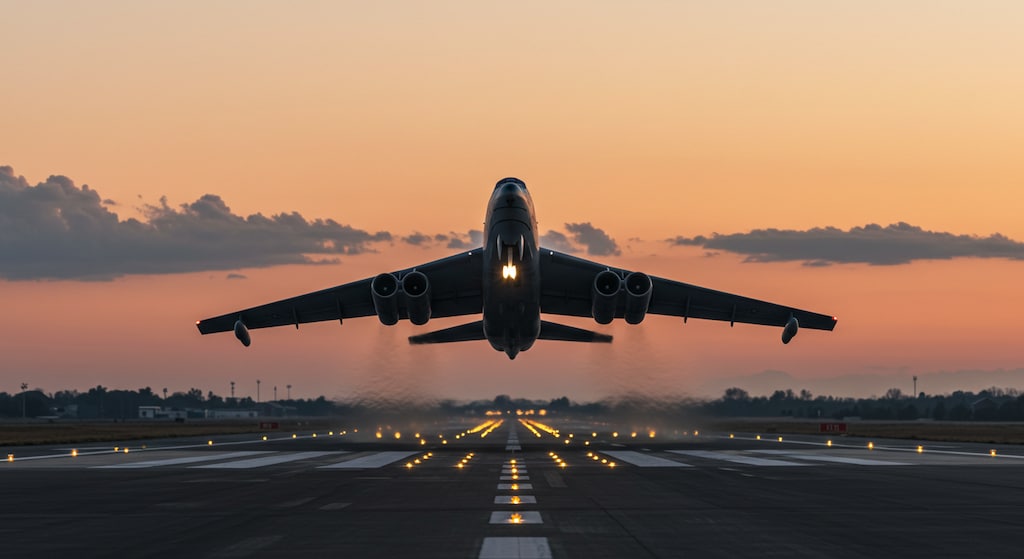 魔王軍の敵陣に向かって戦略爆撃機が離陸