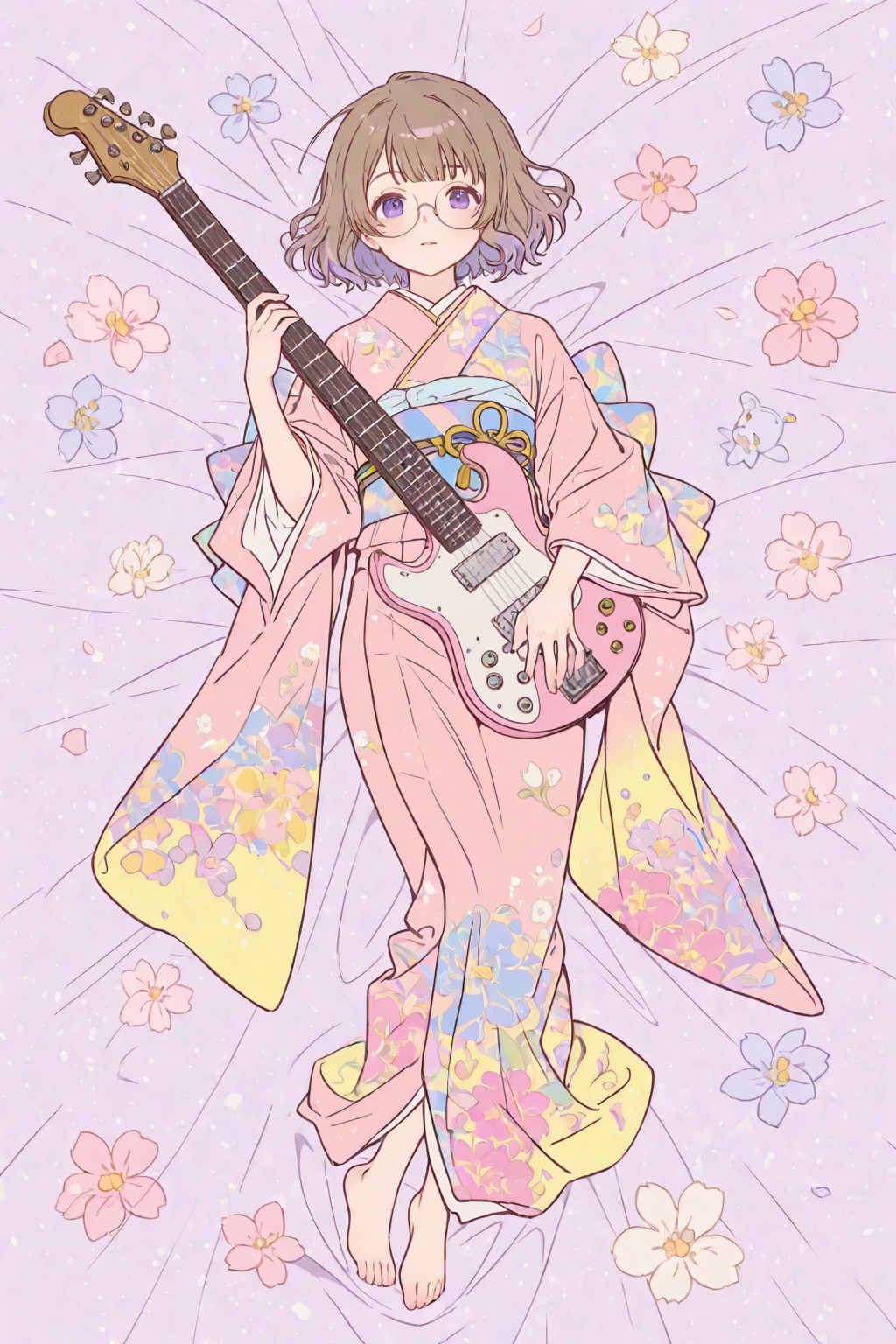 眼鏡で着物のギター少女