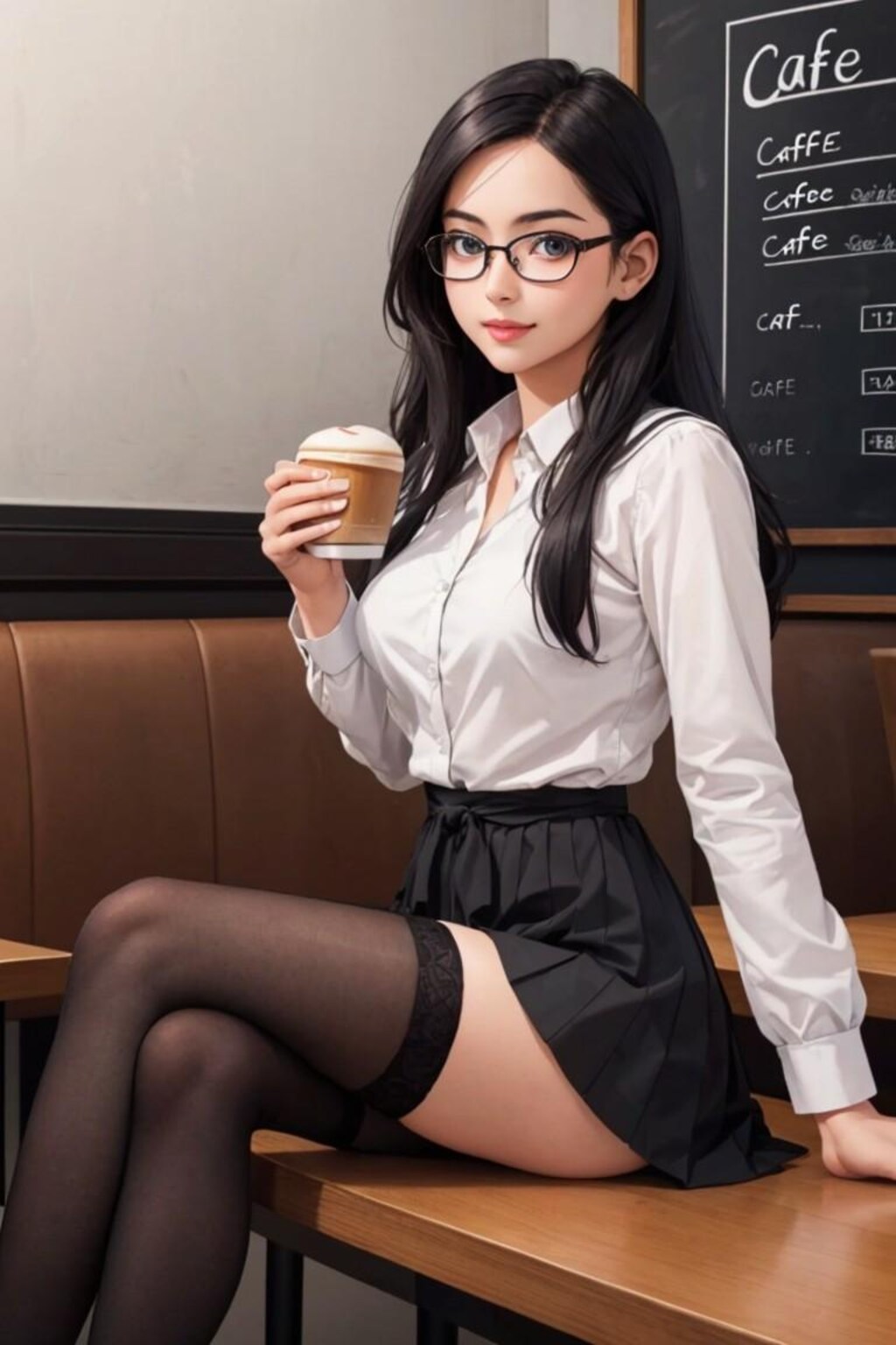 カフェに来た黒髪女子高生