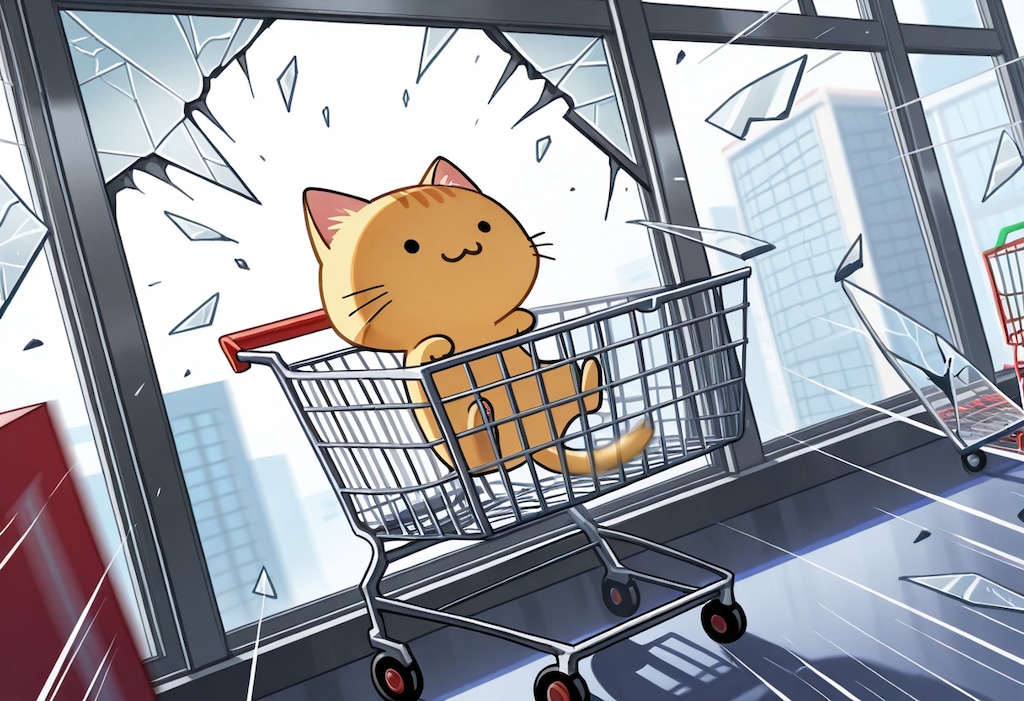 ショッピングカートでダイブしてしまいよった猫