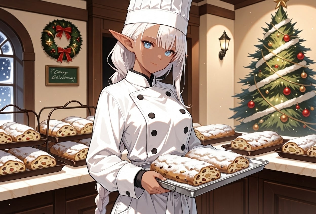 店頭にシュトーレンを並べるパン屋を営むいつものダークエルフさん | の人気AIイラスト・グラビア