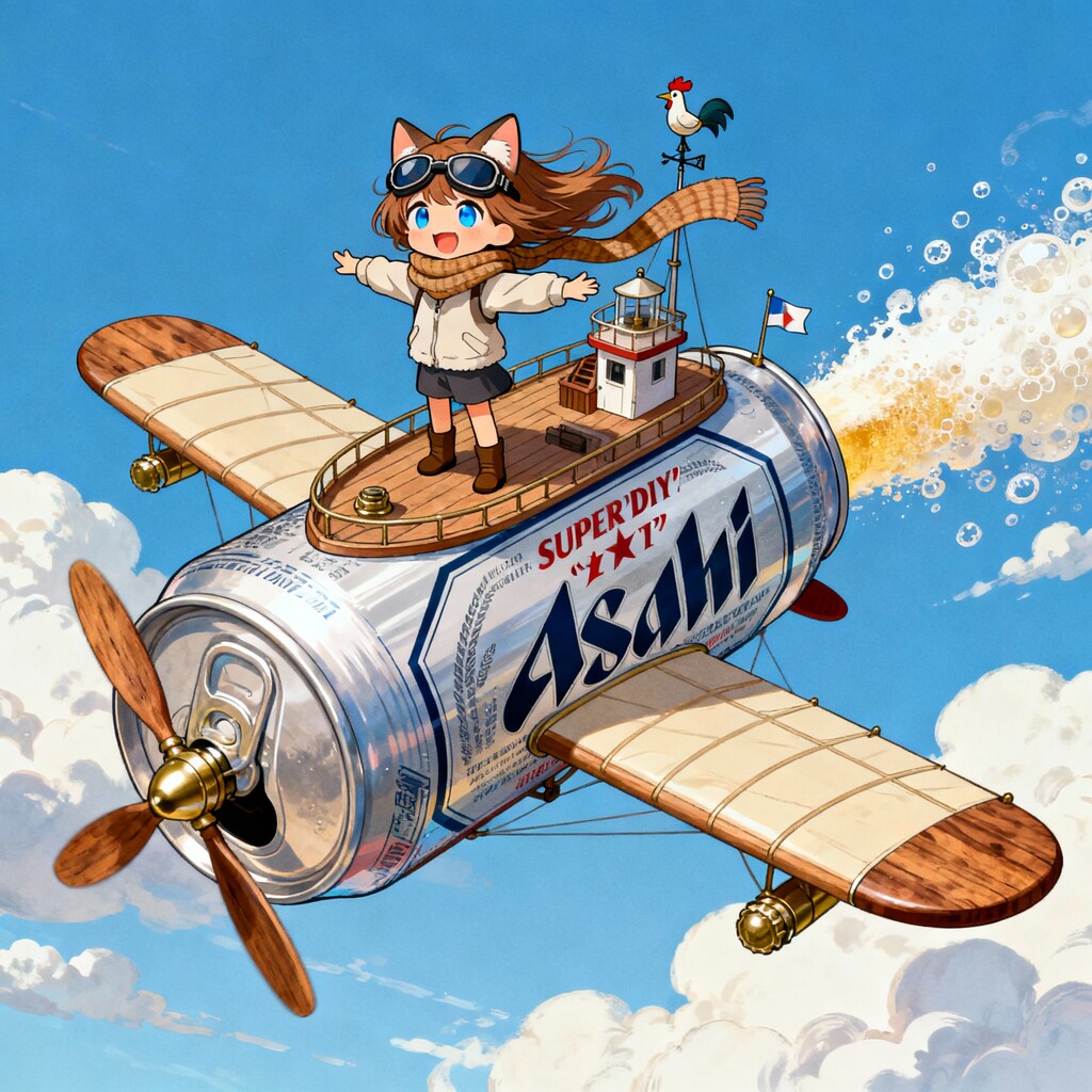 ビール缶飛行機で飛ぶ小さな女の子