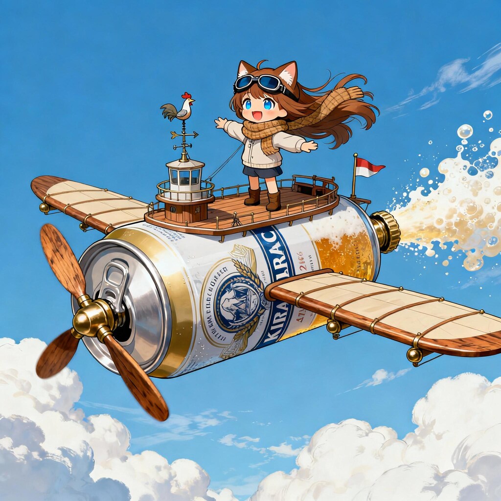 ビール缶飛行機で飛ぶ小さな女の子