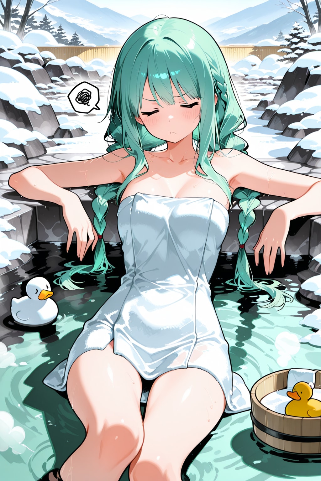 温泉に入る緑髪ちゃん
