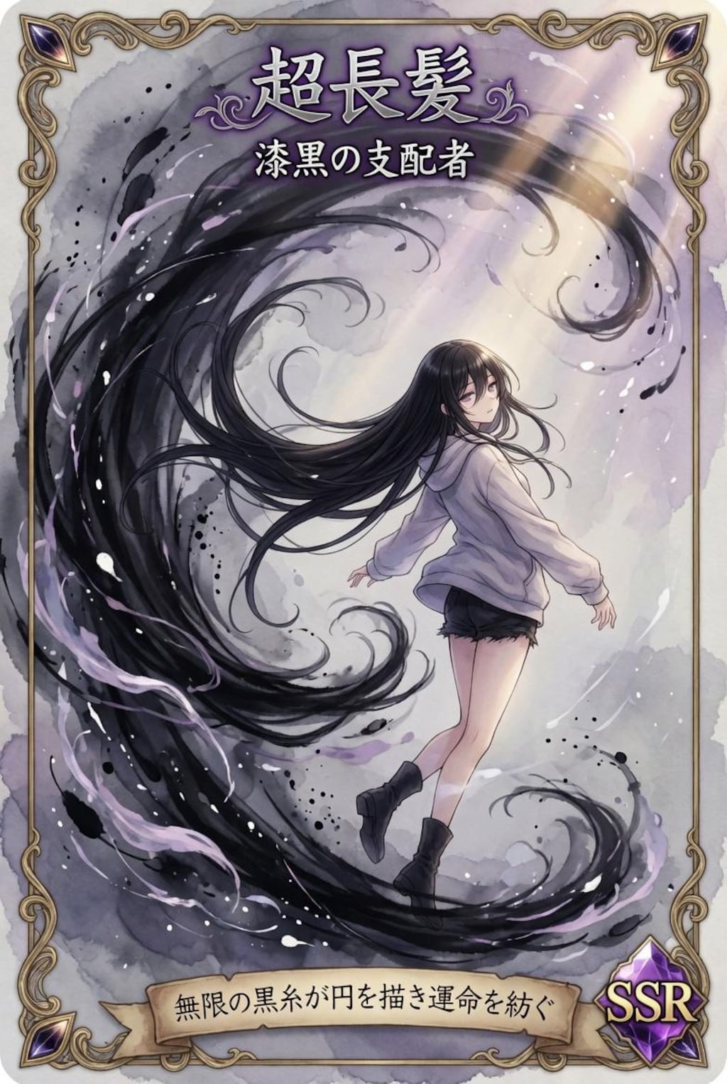 髪の長さだけでラスボスを一撃で倒せるらしいけど実際は髪が長すぎてトイレに行くたびに30分以上かかって周りのみんなに大迷惑かけてるし戦闘後も髪をほどくのに1時間かかる超長髪のリアルで面倒くさい日常SSR