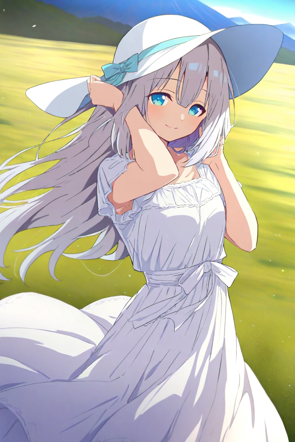 草原の白ブラウス姿の儚い少女👚❤️