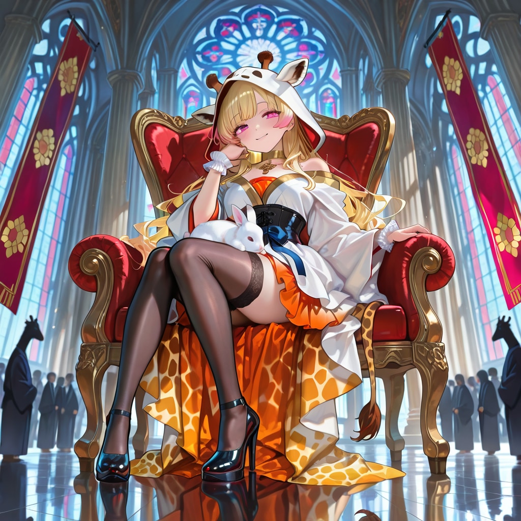 大広間の椅子に座るキリンフーディーお姉さん | の人気AIイラスト・グラビア