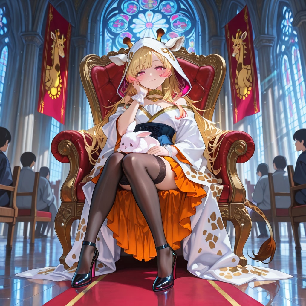 大広間の椅子に座るキリンフーディーお姉さん