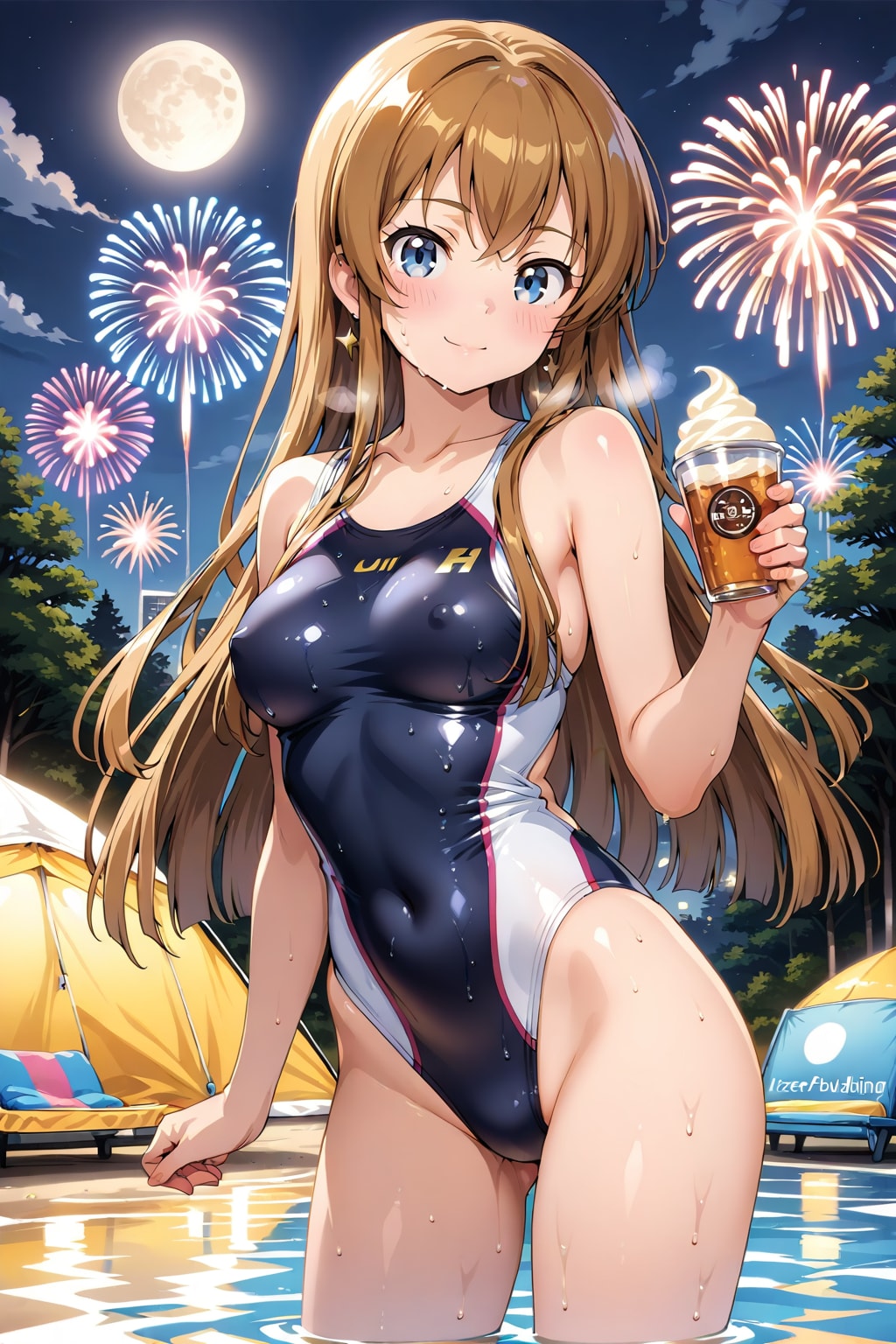 競泳水着のうみみんと川辺で