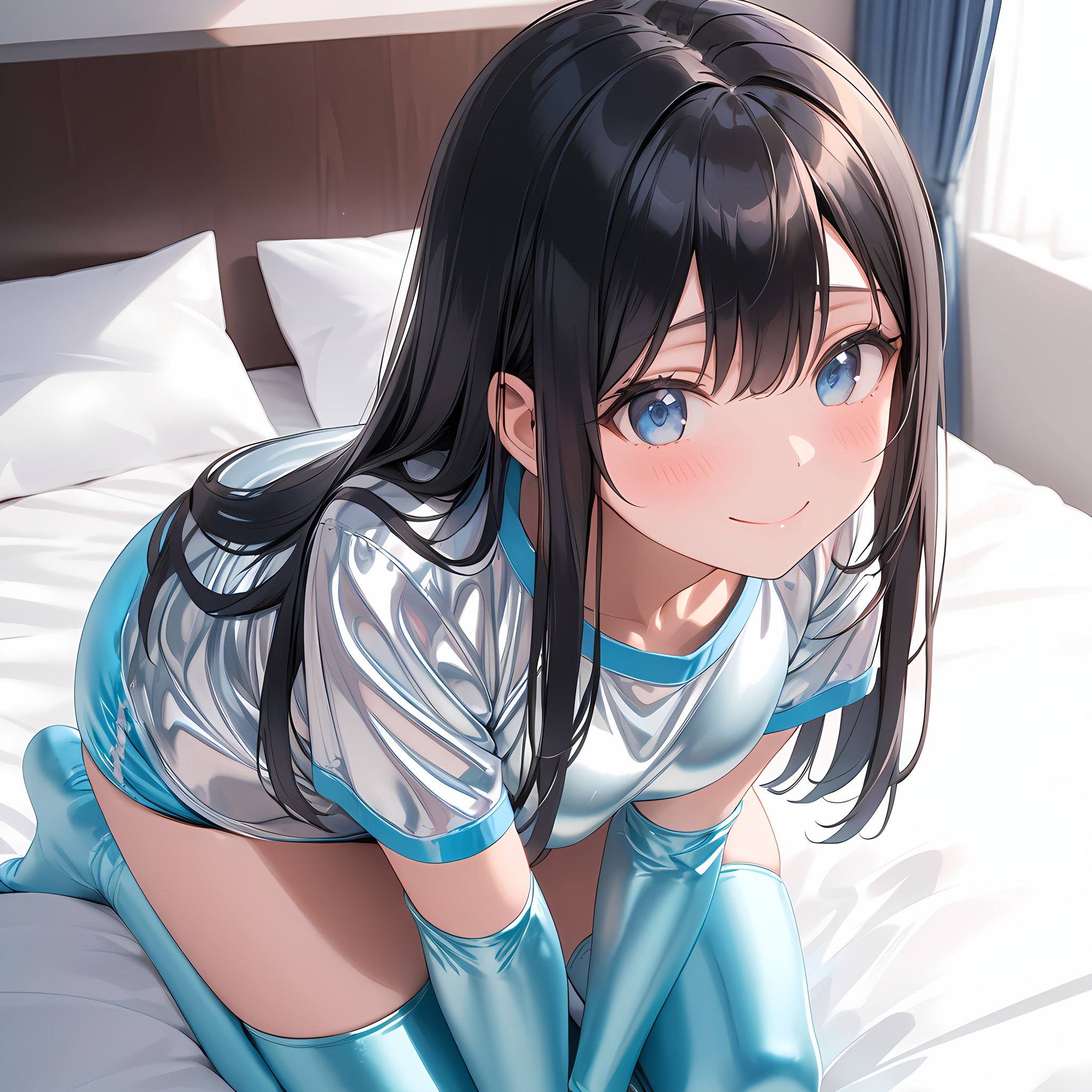 水色縁銀色体操服長手袋サイハイソックス