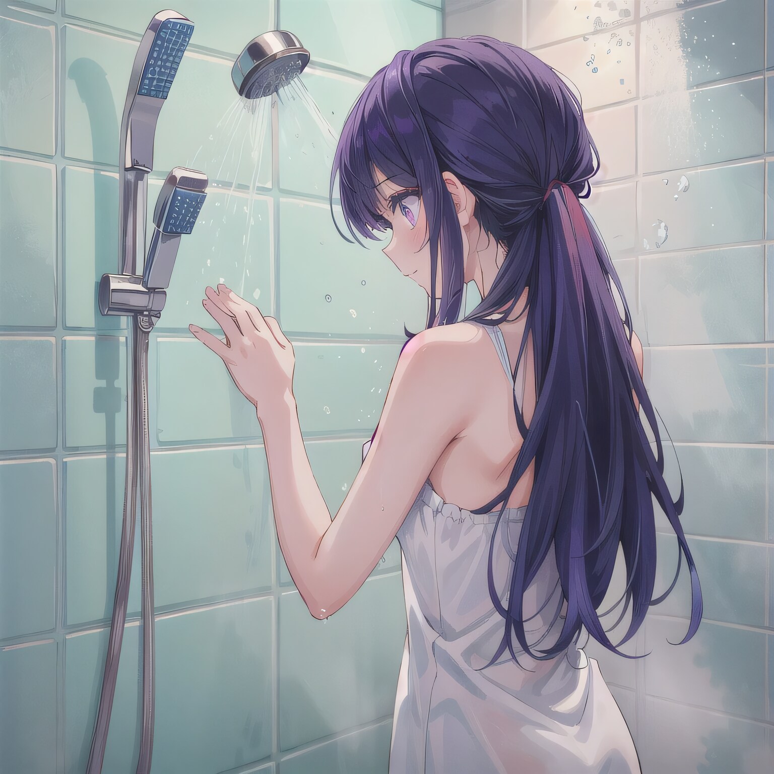 紫髪ロングでシャワーの少女２ | の人気AIイラスト・グラビア