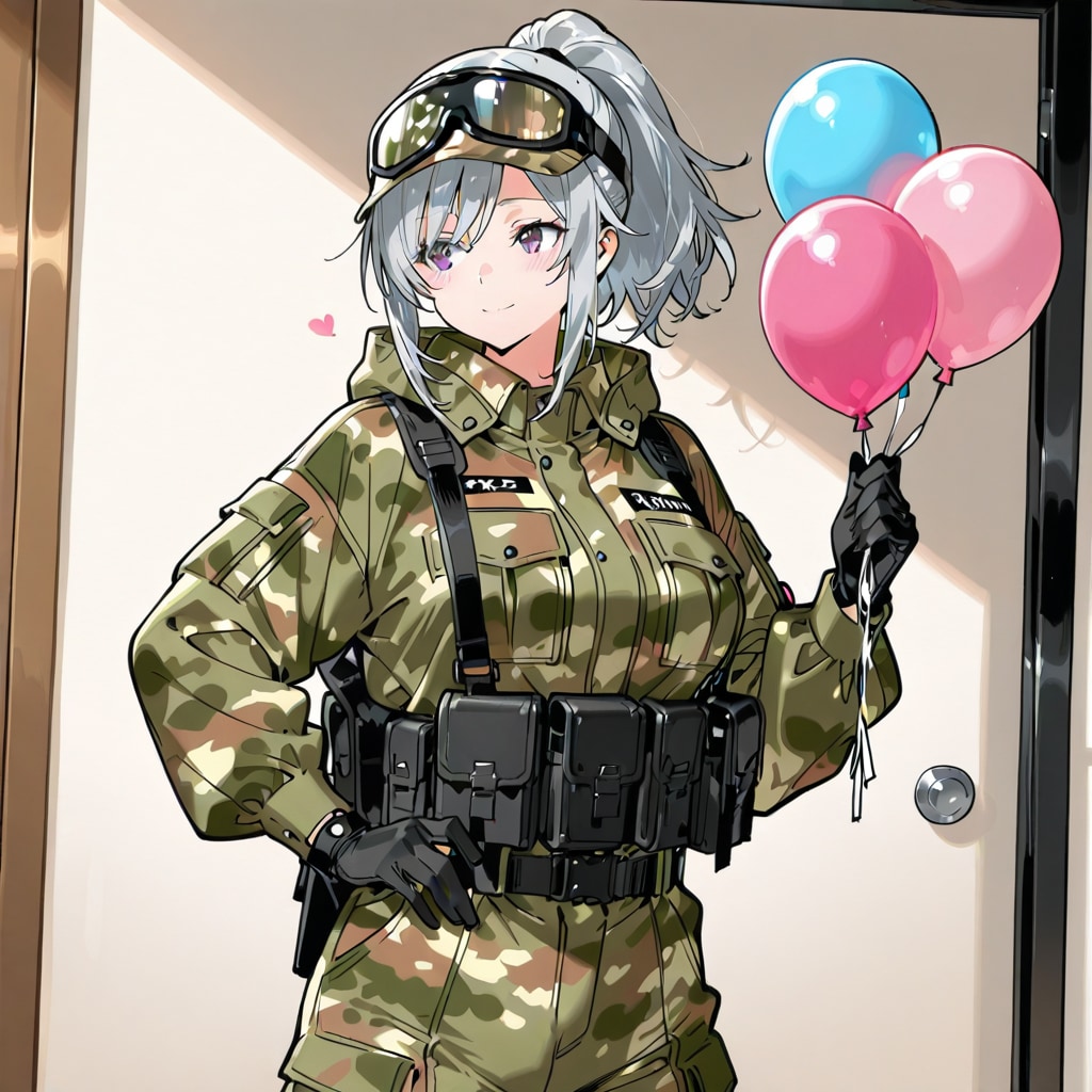 いっぱい色とりどりの風船を持つ銀髪ポニーテールの迷彩服着た美女