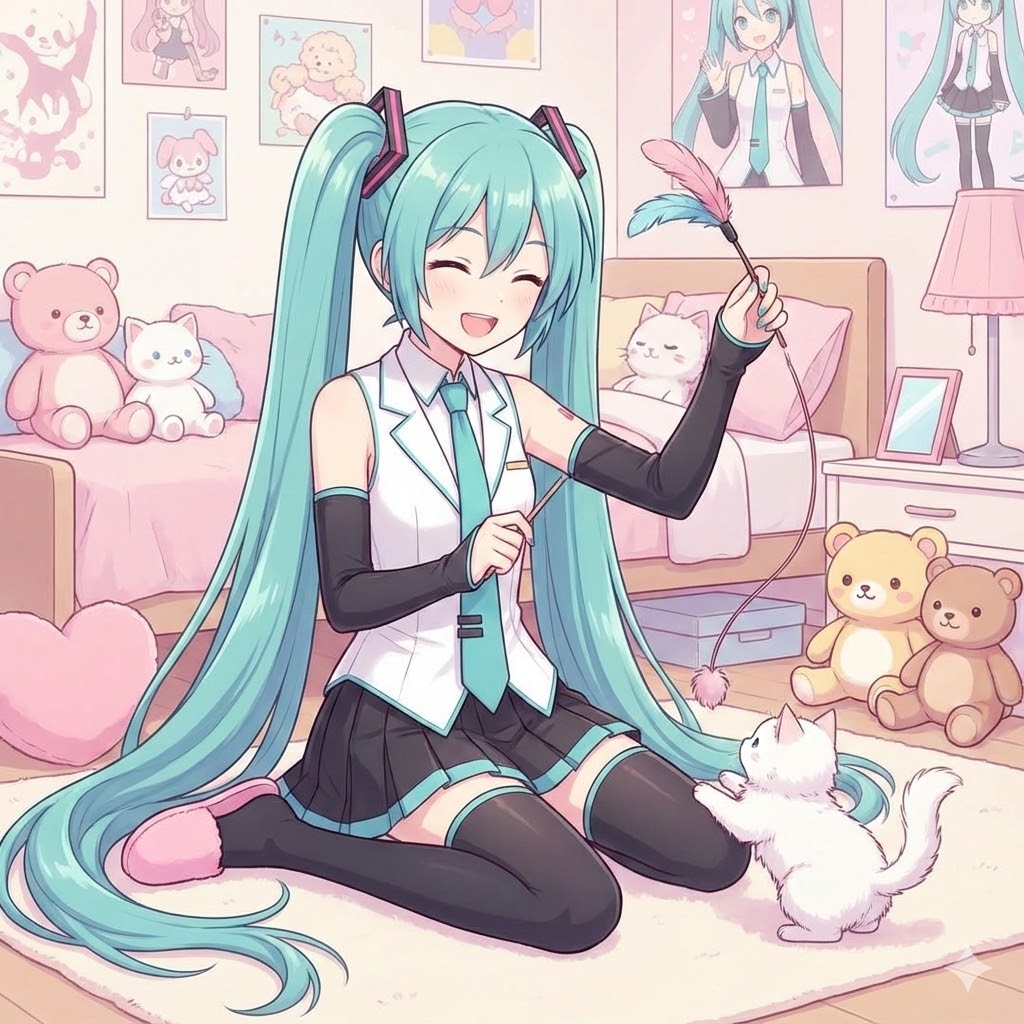 猫じゃらしで遊ぶミクさん