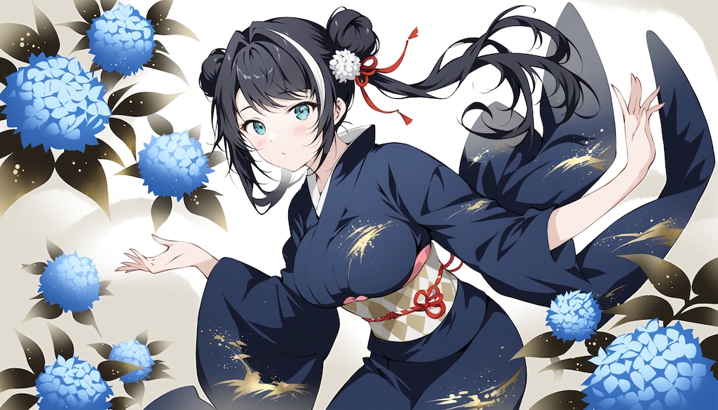 墨彩画×金泥・四季の花・着物