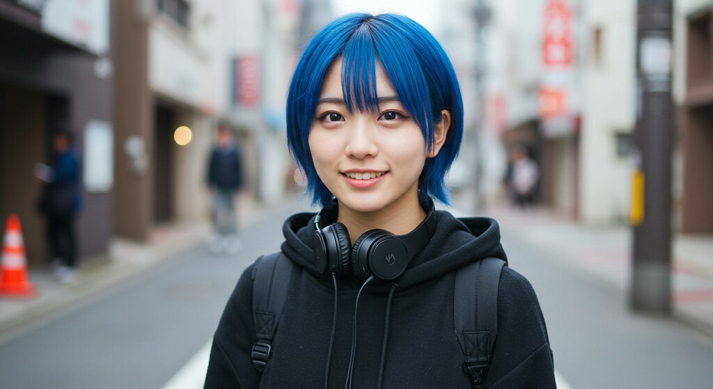 青髪ショート ストリートスナップ風