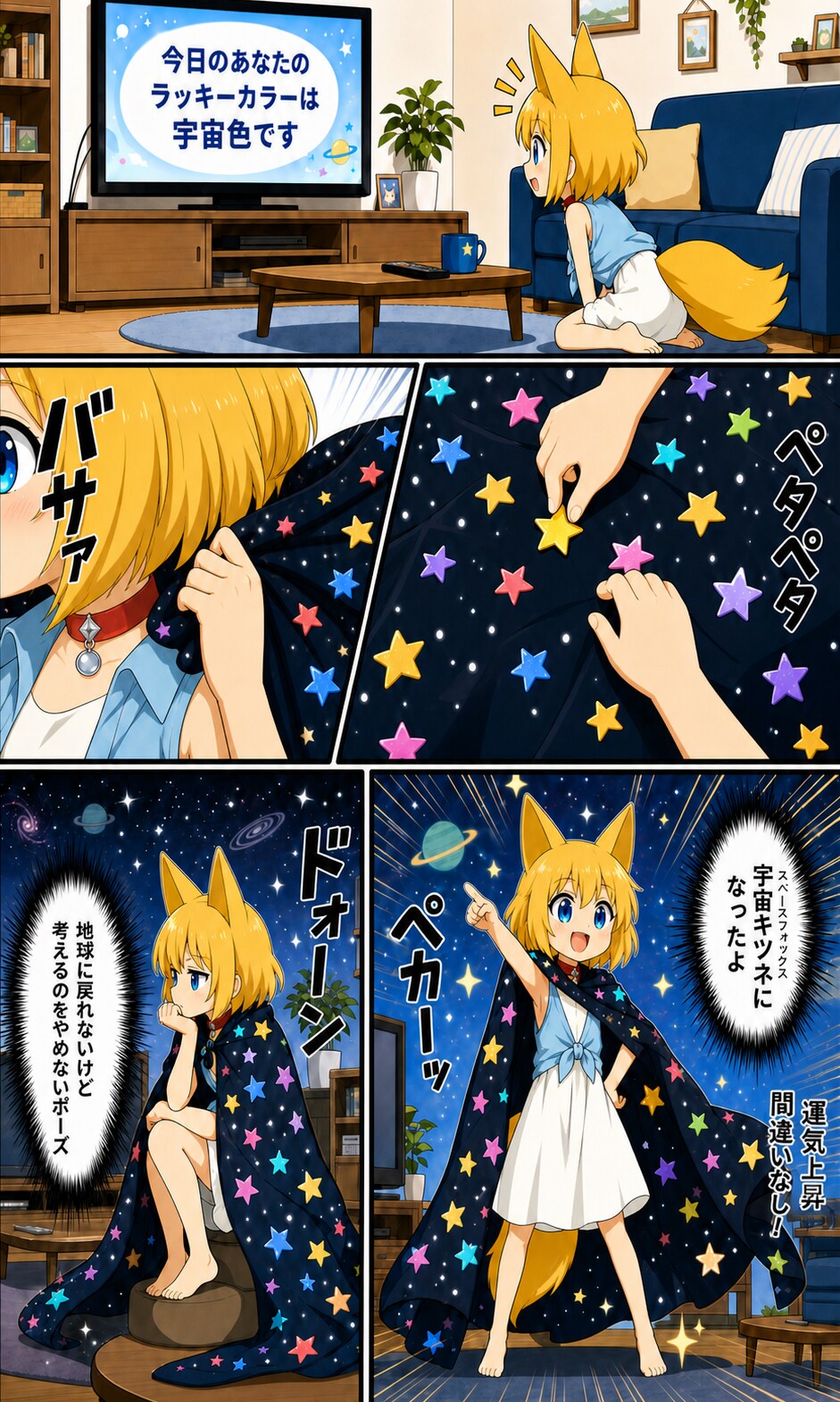 初めて耳にするラッキーカラーを創作し宇宙繋がりで永遠に宇宙をさまよう鉱物と生物の中間の生命体に思いを馳せるキツネ