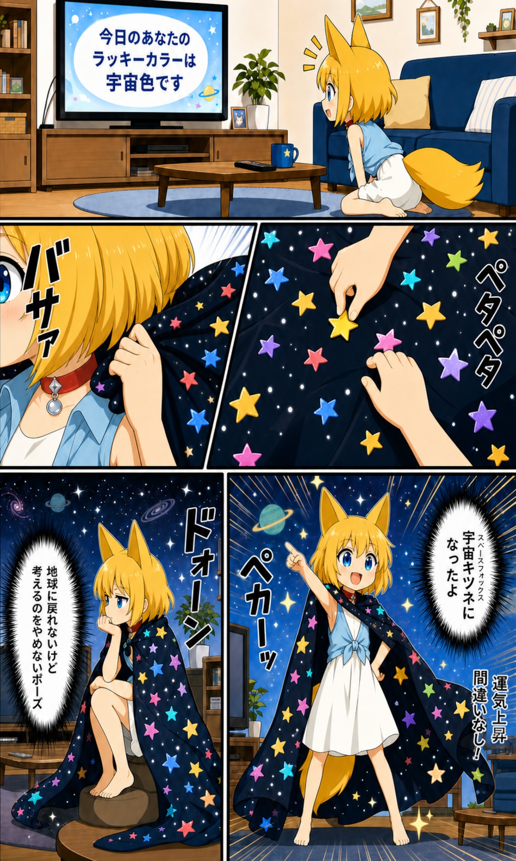 初めて耳にするラッキーカラーを創作し宇宙繋がりで永遠に宇宙をさまよう鉱物と生物の中間の生命体に思いを馳せるキツネ