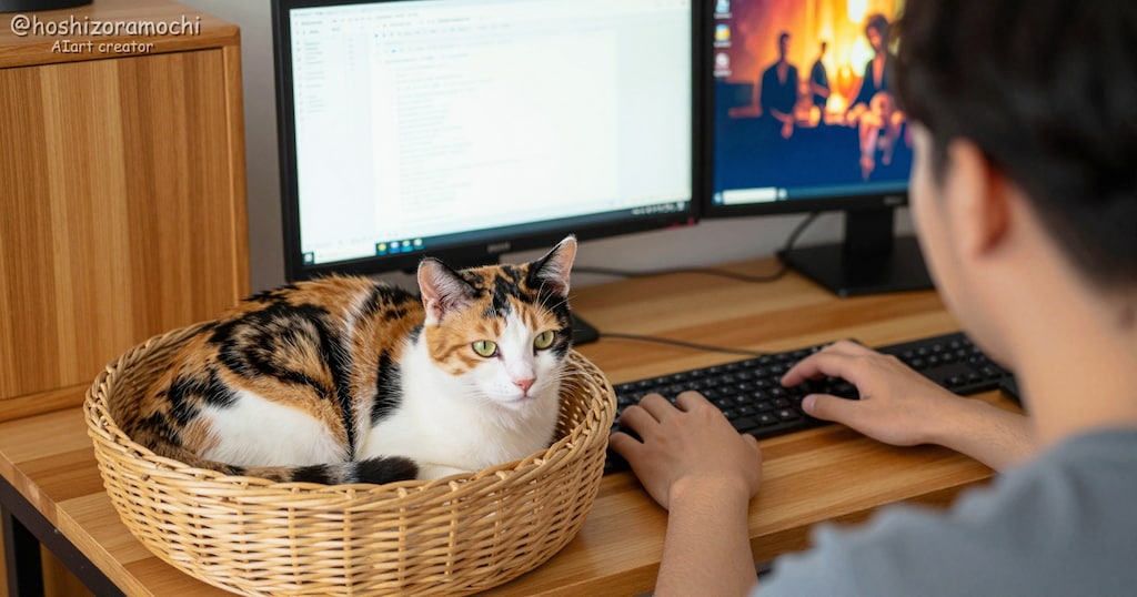 特等席から飼い主さんを監視中👀 デスクの上の可愛い三毛猫ボス